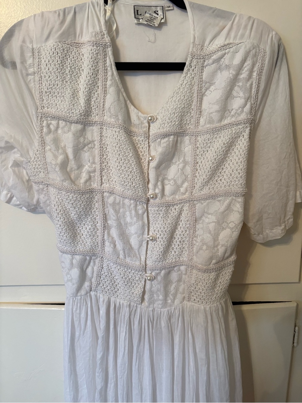L.G.S. Vintage White Crochet-Panel Maxi Dress with Pearl Buttons